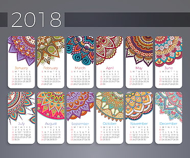 2018（年）、マンダラ、シンプル背景、抽象、数字、装飾、カレンダー、マンダラ、月、装飾、 HDデスクトップの壁紙 HD wallpaper