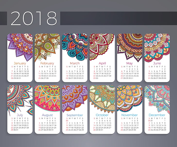 2018 calendário flor mandala papel de parede digital, calendário multicolorido, calendário, 2018 (ano), mês, decorado, resumo, números, fundo simples, ornamentado, mandala, mandalas, HD papel de parede