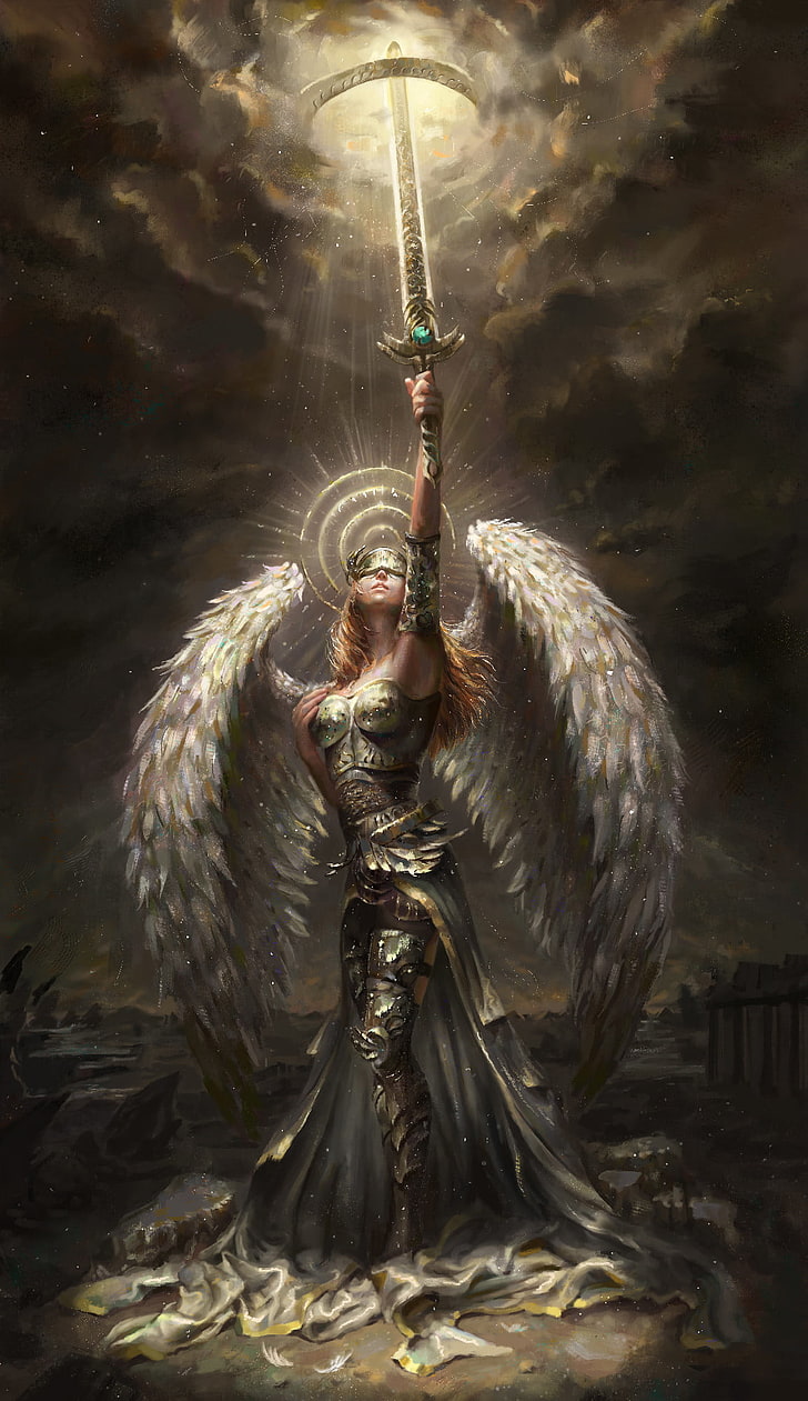 Санджин Халимик, женщины, архангел, крылья, доспехи, шлем, длинные волосы, рыжий, меч, мантия, живопись, HD обои, телефон обои