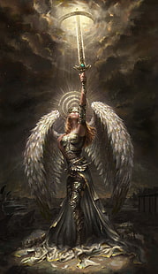 سانجين حليميتش ، نساء ، رئيس الملائكة ، أجنحة ، درع ، خوذة ، شعر طويل ، أحمر ، سيف ، عباءة ، لوحة، خلفية HD HD wallpaper