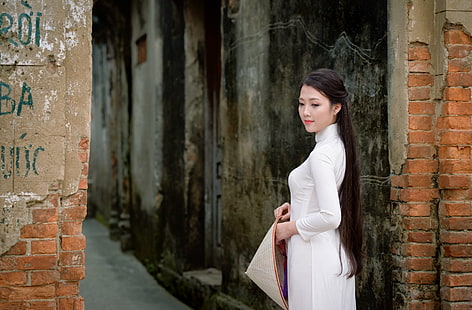 Women, Asian, Ao Dai, Asian Conical Hat, Girl, Hair, Model, Vietnamese, HD wallpaper HD wallpaper