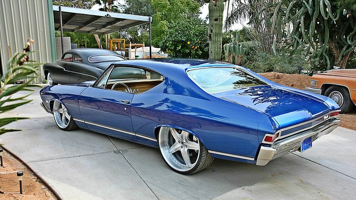 car, coupe, Chevrolet, blue, muscle car, usa, Chevelle, hardtop, American car, HD wallpaper