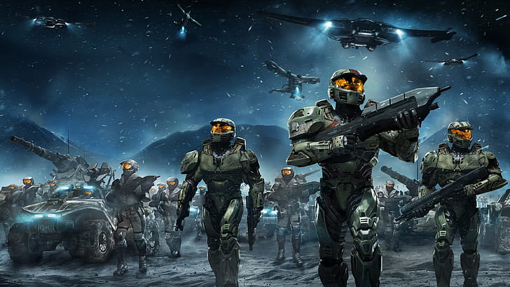 ألعاب الفيديو ، Halo ، درع مستقبلي ، Halo Wars ، Spartans (Halo) ، بندقية هجومية ، Warthog ، جندي ، UNSC ، Hornet (Halo) ، Scorpion (Halo) ، night ، longsword ، رشاش ، بندقية ، فن ألعاب الفيديو ، الجيش، خلفية HD