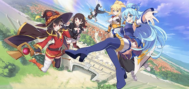 Kono Subarashii Sekai ni Shukufuku wo!, Megumin (KonoSuba), Darkness (KonoSuba), Aqua (KonoSuba), Kazuma, Anime Girls, Yunyun (Konosuba), HD-Hintergrundbild HD wallpaper