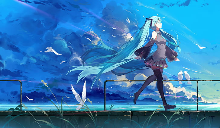 Vocaloid, Hatsune Miku, biru, rambut biru, seni kipas, pemandangan, awan, stoking hitam, kulit putih, Wallpaper HD