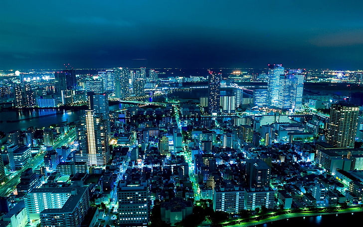 lampu bangunan biru, Jepang, lampu kota, biru, malam, lanskap kota, cyan, Wallpaper HD