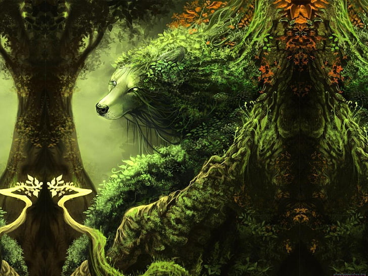 pintura de árvore monstro verde, arte de fantasia, animais, obras de arte, HD papel de parede