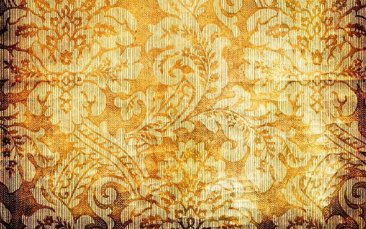 brązowy i pomarańczowy kwiatowy materiał tekstylny, kwiaty, pomarańczowy, żółty, tło, wzory, tekstura, płatki, złoto, projekt, Tapety HD