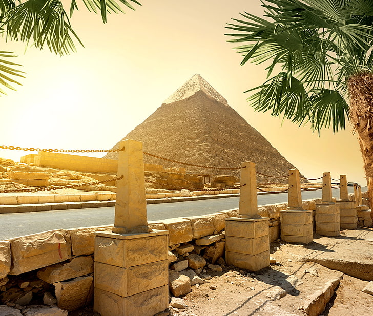 road, the sun, stones, palm trees, pyramid, Egypt, Cairo, HD wallpaper