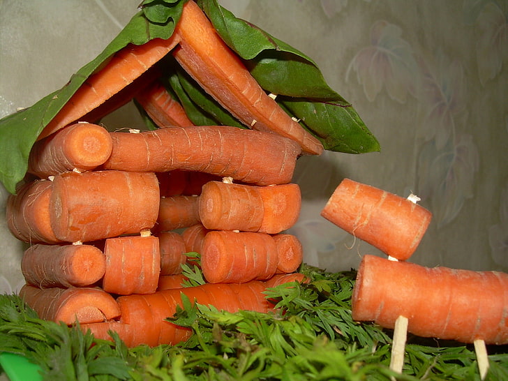 orange carrots house artwork, carrots, root crop, tops of vegetable, small house, hand-made article, HD wallpaper