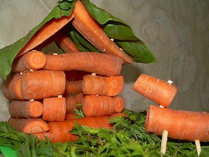 orange morötter hus konstverk, morötter, rot skörd, toppar av grönsaker, litet hus, handgjorda artiklar, HD tapet HD wallpaper
