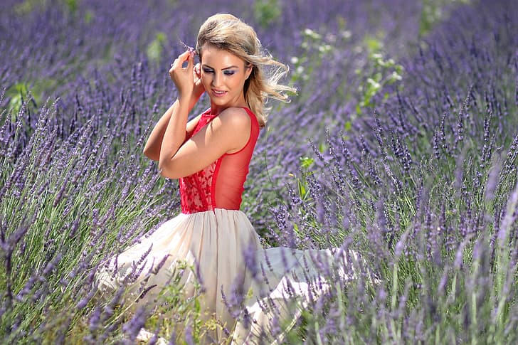 field, summer, girl, nature, skirt, blonde, blouse, lavender, HD wallpaper