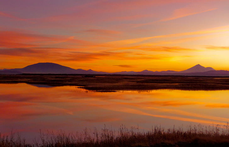 landscape and mirror photography of mountain during golden hour, klamath, national wildlife refuge, klamath, national wildlife refuge, Sunset, Klamath Basin, National Wildlife Refuge, landscape, mirror, photography, mountain, golden hour, moik, photo, photos, picture, pictures, image, panasonic, lumix, tz, dsc, adobe lightroom, lava beds national monument, monument  oregon, state line road, mount shasta, northern california, southern oregon, merrill, dmc, nature, scenics, lake, dusk, sky, outdoors, orange Color, beauty In Nature, sunrise - Dawn, HD wallpaper