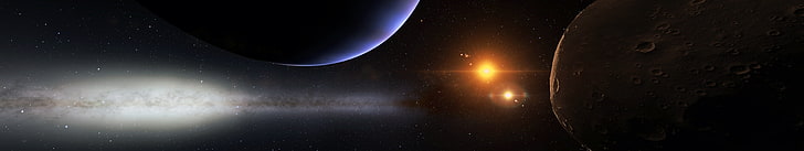 braune und blaue Planeten, Space Engine, Planet, Sterne, Galaxie, Dreifachbildschirm, Mehrfachanzeige, digitale Kunst, 3D, Render, CGI, Weltraumkunst, HD-Hintergrundbild
