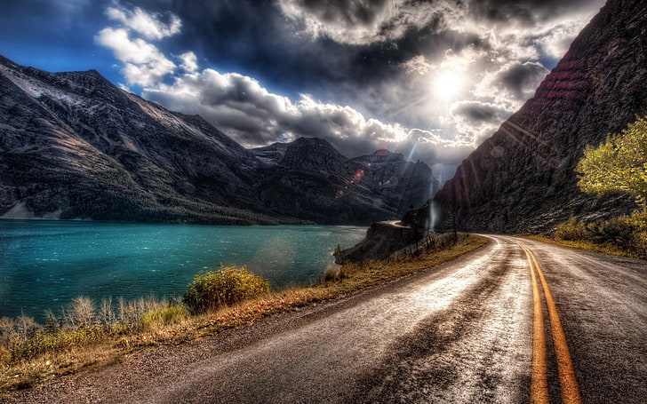 carretera de asfalto, naturaleza, paisaje, carretera, lago, cielo, montañas, Fondo de pantalla HD