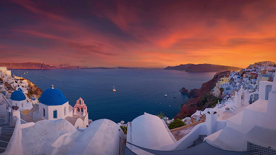 hav, solnedgång, byggnad, hem, Santorini, Grekland, kyrka, Oia, Egeiska havet, Egeiska havet, HD tapet HD wallpaper