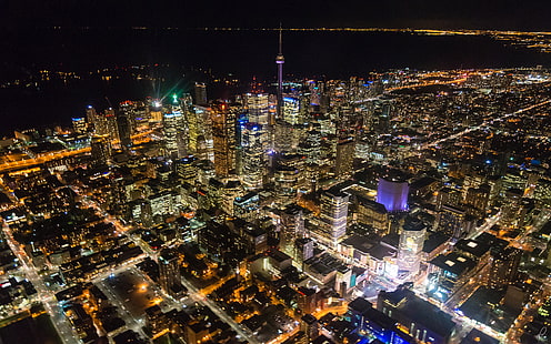 Toronto Midnight City In Province Of Ontario Canada View From Air Hd Desktop Wallpapers For Computers Laptop Tablet And Mobile Phones 3840×2400, HD wallpaper HD wallpaper