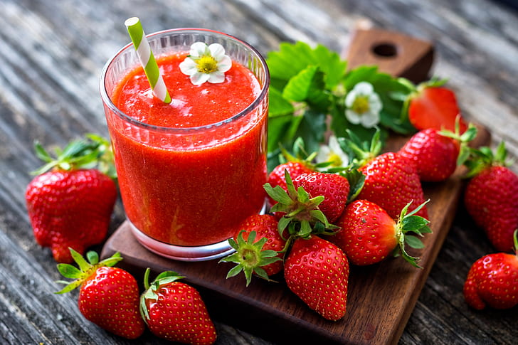 glass, berries, strawberry, juice, HD wallpaper