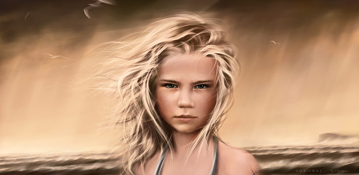 girl wearing grey shirt illustration, sea, wave, girl, storm, the ocean, the wind, shore, hair, seagulls, horizon, HD wallpaper