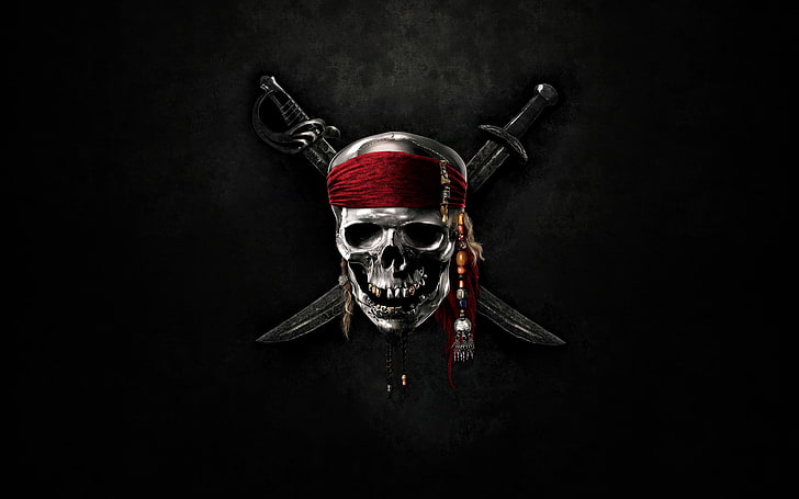 Pirates Of The Caribbean-Logo, Schädel, Schwerter, Meer, Piraten der Karibik, HD-Hintergrundbild
