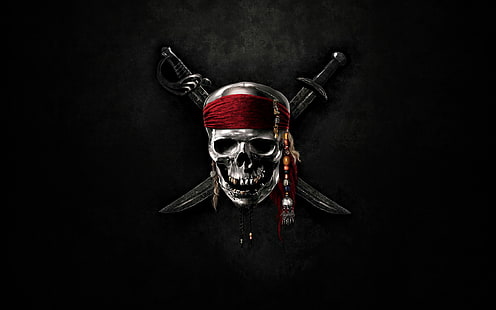 Pirates Of The Caribbean logo, skull, swords, sea, pirates of the Caribbean, HD wallpaper HD wallpaper