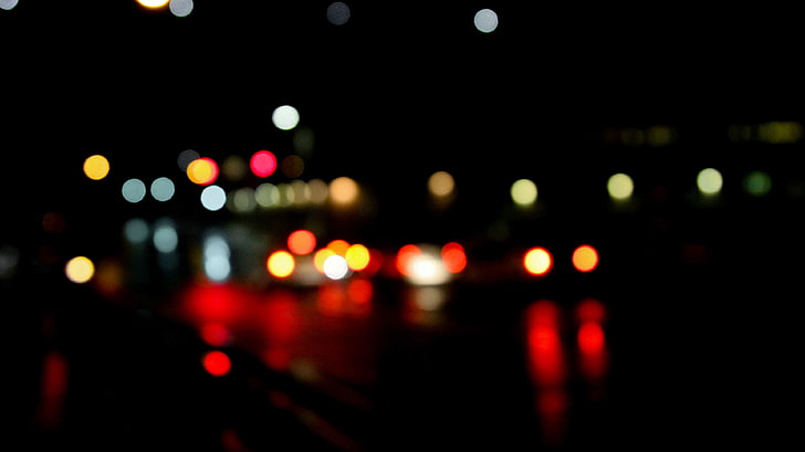 cars, city, dark, lights, night, out of focus, HD wallpaper