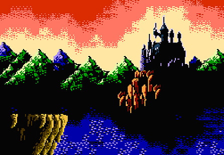 castle and trees artwork, Castlevania, castle, video games, blood, retro games, Dracula, pixels, Castlevania III: Dracula's Curse, HD wallpaper HD wallpaper
