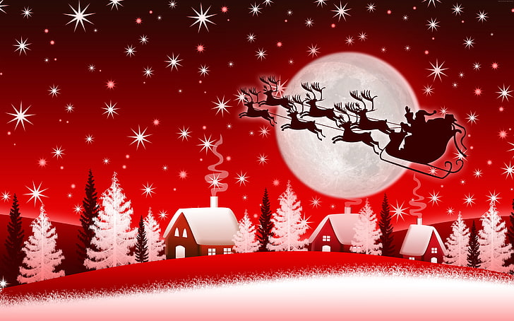 winter, 8k, Christmas, New Year, moon, Santa, deer, HD wallpaper