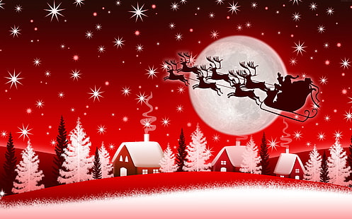 hiver, 8k, Noël, Nouvel An, lune, Père Noël, cerf, Fond d'écran HD HD wallpaper