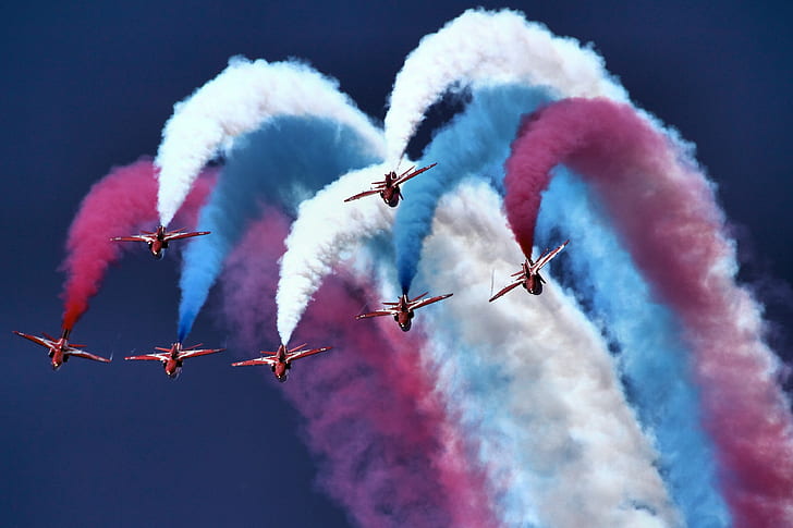 sete aviões de fumaça durante o dia, setas vermelhas, RIAT, sete, fumaça, aviões, durante o dia, Fairford, voando, céu, HD papel de parede