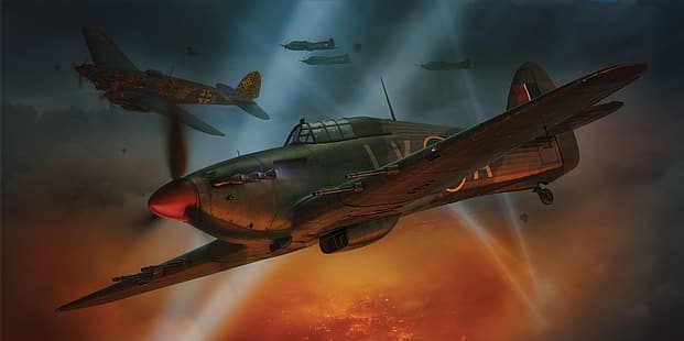 กลางคืน, เครื่องบินขับไล่, เครื่องบินทิ้งระเบิด, Hawker Hurricane, RAF, He 111, Hurricane Mk.IIC, The spotlight, วอลล์เปเปอร์ HD HD wallpaper
