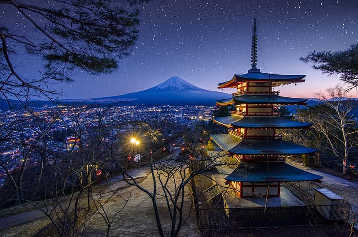 the sky, trees, landscape, night, nature, mountain, spring, stars, the volcano, Japan, lighting, temple, pagoda, Fuji, HD wallpaper