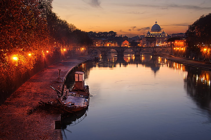 the sky, clouds, sunset, reflection, lamp, boat, mirror, Rome, lights, The Vatican, St. Peter's Basilica, city, Sant Angelo Castle, Sant'angelo Bridge, the Tiber river, HD wallpaper