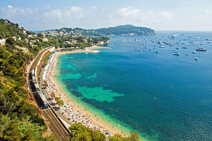 водно тяло, плаж, крайбрежие, Франция, яхти, влак, панорама, железопътна линия, Лазурен бряг, Френска Ривиера, Средиземно море, RAID, Villefranche-sur-Mer, HD тапет