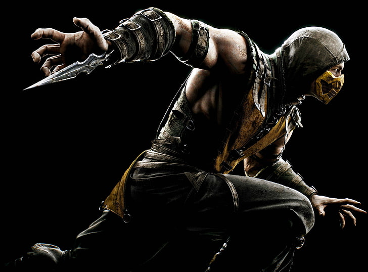 Fondo de pantalla de Assassins Creed, amarillo, negro, espada, máscara, capucha, luchador, Escorpio, Warner Bros. Interactive Entertainment, NINJA, NetherRealm Studios, Mortal Kombat X, Fondo de pantalla HD