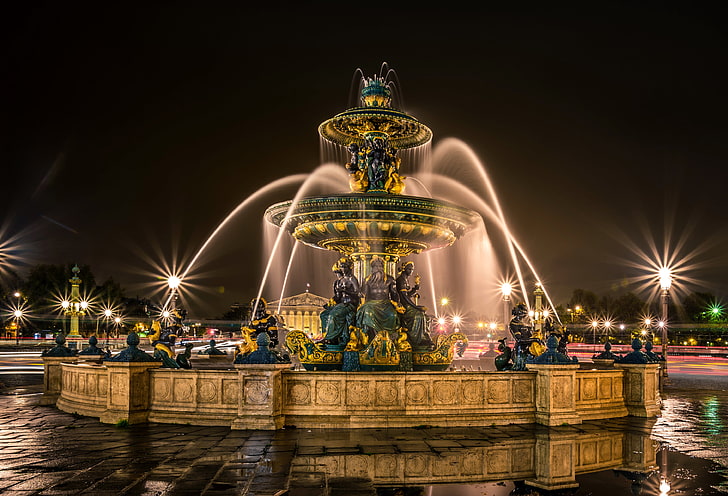 road, night, lights, France, Paris, puddles, fountain, sculpture, Fontaines de la Concorde, HD wallpaper