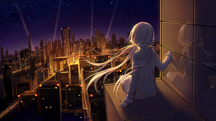 city, city lights, sitting, reflection, night, stars, anime girls, anime, night sky, HD wallpaper
