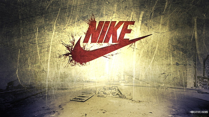 red Nike logo digital wallpaper, the wreckage, scratches, brand, nike, HD wallpaper