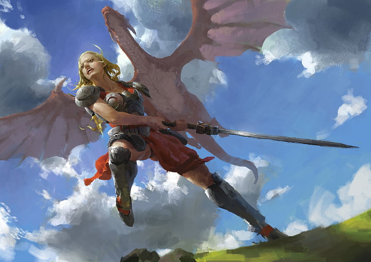 жена, носеща броня, държаща меч рисуване, фантазия изкуство, дракон, HD тапет