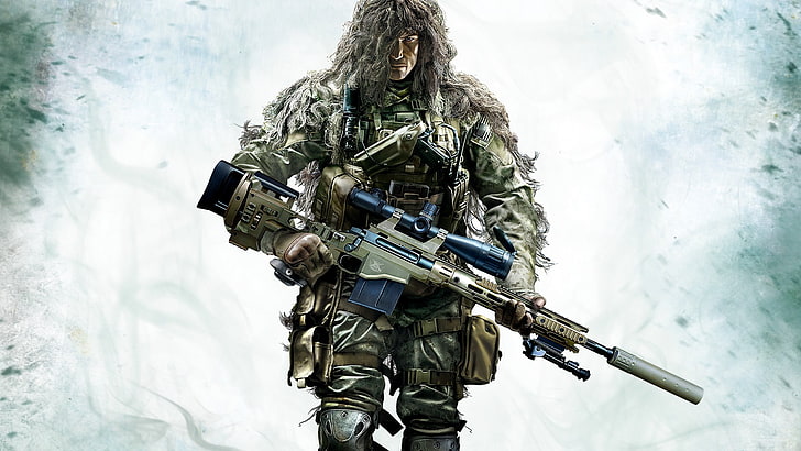 man holding rifle digital painting, weapons, sniper, camouflage, PS3, Sniper: Ghost Warrior 2, CryEngine 3, Wii U, Xbox360, Holdings City Interactive, City Interactive, PlayStation Vita, Namco Bandai, HD wallpaper