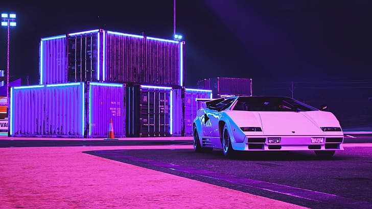 video games, Forza, Forza Horizon 5, car, vehicle, Lamborghini, Lamborghini Countach, 1980s, containers, dark, night, blue, pink, HD wallpaper