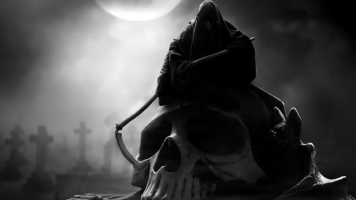 kematian, Grim Reaper, tengkorak, monokrom, seni fantasi, Wallpaper HD