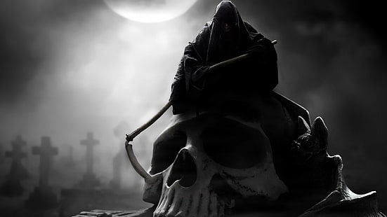 죽음, 죽음의 신, 두개골, 흑백, 판타지 아트, HD 배경 화면 HD wallpaper