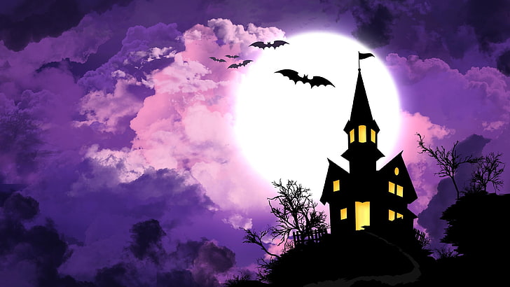 halloween, night, bat, castle, moon, sky, purple, haunted house, cloud, full moon, darkness, tree, silhouette, branch, illustration, graphics, HD wallpaper