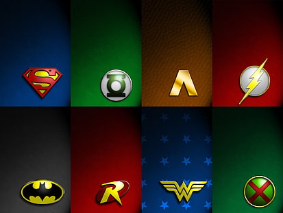 Comics, Justice League, Aquaman, Batman, DC Comics, Flash, Lanterne Verte, Logo, Chasseur d’hommes martien, Robin (DC Comics), Superman, Wonder Woman, Fond d'écran HD HD wallpaper