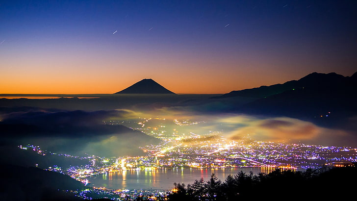 city skyline painting, nature, landscape, mountains, Mount Fuji, Japan, evening, hills, trees, mist, long exposure, city, lake, sunset, lights, stars, silhouette, forest, HD wallpaper