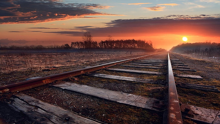 sunset, track, sky, horizon, railroad, cloud, nature, landscape, dusk, evening, rust, sunlight, railways, trees, HD wallpaper