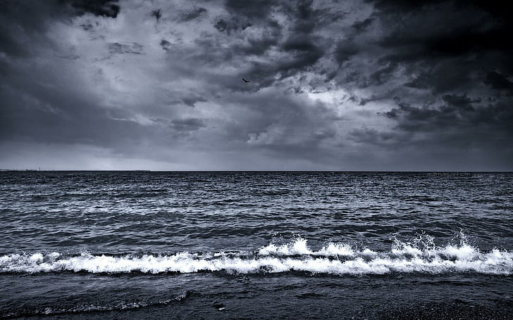 mer, vagues, surf, mousse, noir et blanc, ciel gris et plan d'eau, vagues, surf, mousse, noir et blanc, Fond d'écran HD