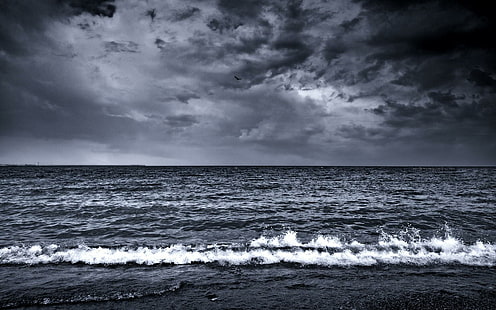 sea, waves, surf, foam, black and white, grey sky and body of water, waves, surf, foam, black and white, HD wallpaper HD wallpaper