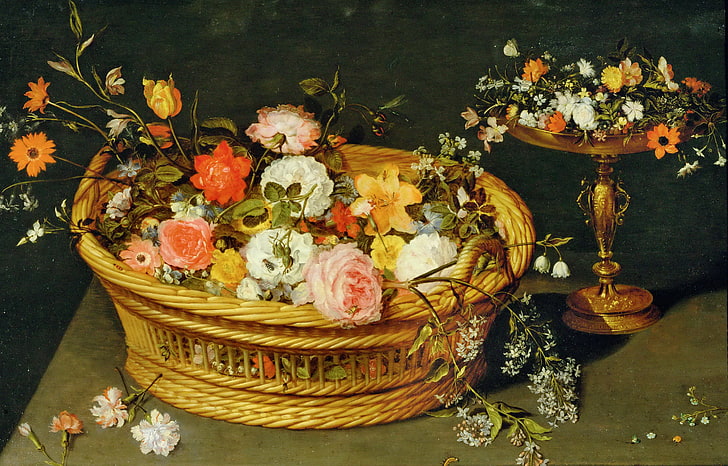 cesto, foto, vaso, Jan Brueghel il giovane, Natura morta con fiori, Sfondo HD